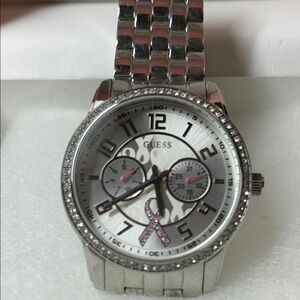 GUESS Silver Watch with Pink Ribbon Detail
